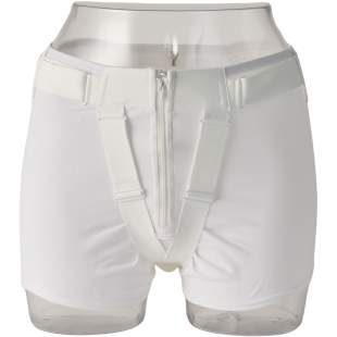 White EasyZip pelvic organ prolapse supporter worn by dummy.