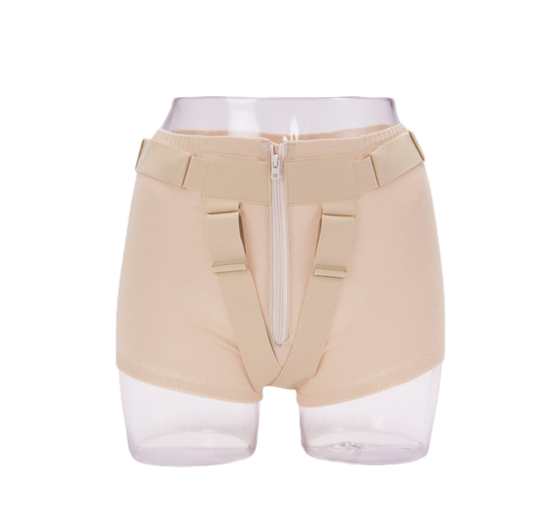 Beige FemiCushion EasyZip Supporter brief on a white background