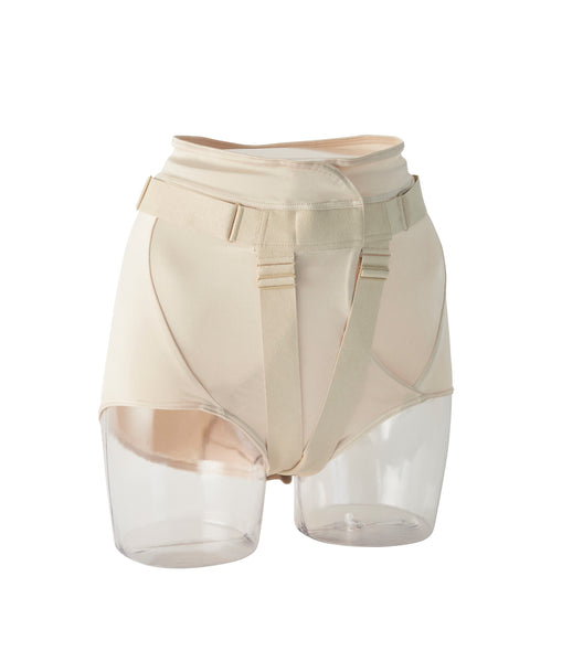 One beige FemiCushion EasyOpen Supporter worn by a see through mannequin placed over white back ground.